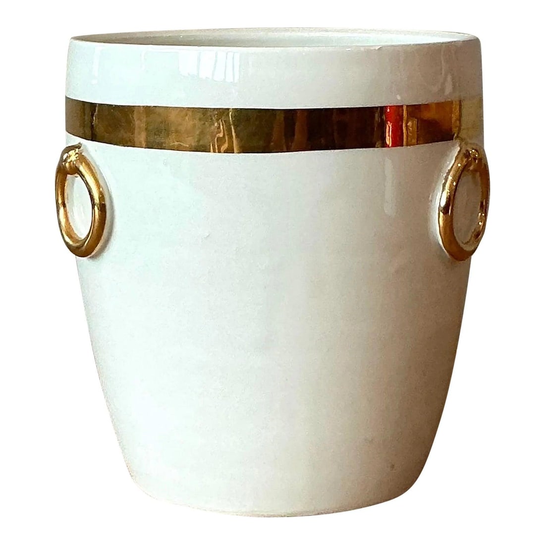 Italian White Ceramic Planter With Gold Bands and Faux Ring Handles: Italian White Ceramic Planter With Gold Bands and Faux Ring Handles This vintage Italian ceramic cachepot features a bright white glaze and a classic cylindrical shape that tapers gently toward the ba