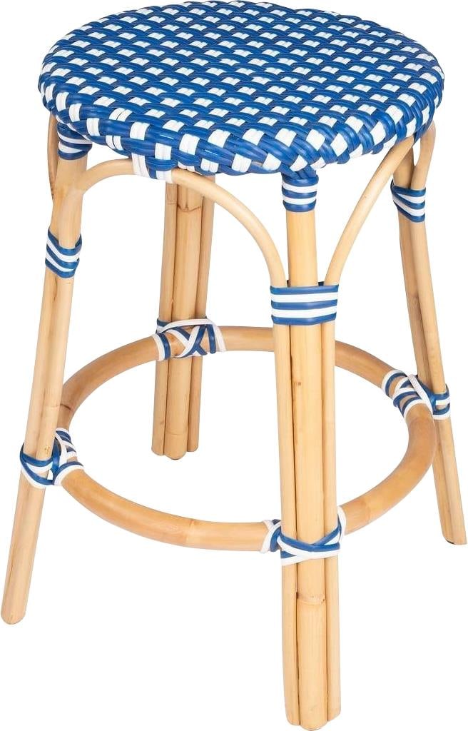 Butler Coastal Style Rattan Counter Stool Natural Blue Finish: Butler Coastal Style Rattan Counter Stool Natural Blue Finish Introducing the sophisticated rattan counter stool, a perfect blend of style and functionality. This stool features a natural rattan frame