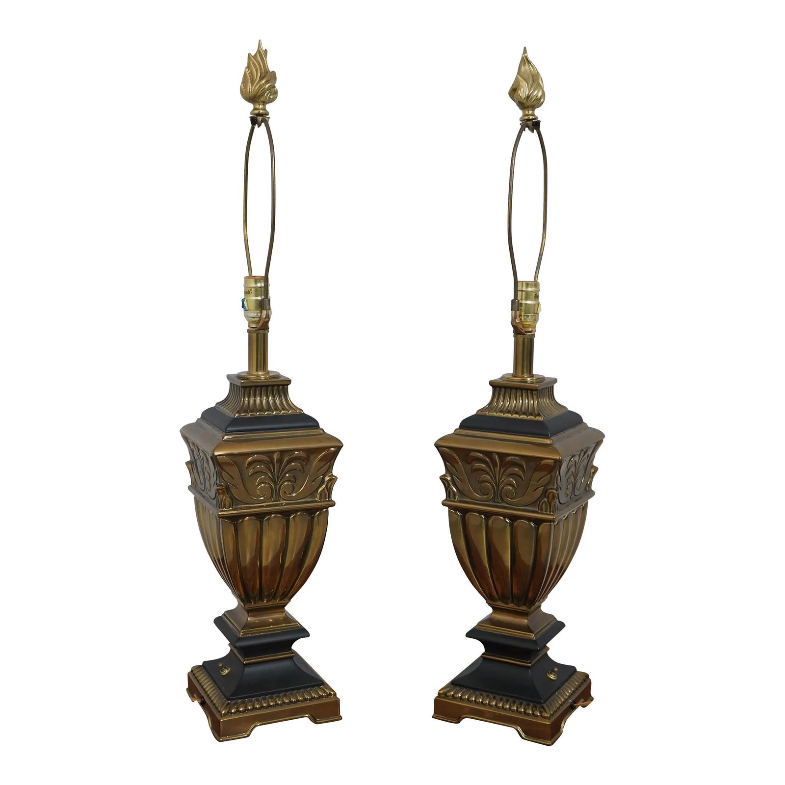 Elegant Rembrant Regency Bronze Finish Lamps Pair with Flame Finials: Elegant Rembrant Regency Bronze Finish Lamps Pair with Flame Finials This exquisite pair of Rembrandt Regency Style lamps is a timeless addition to any decor. Crafted approximately 30 years ago, these