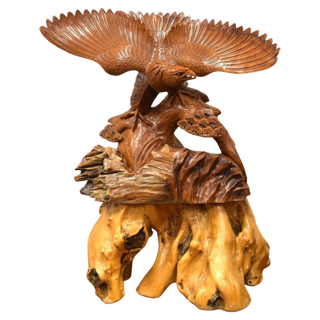 Teak Meiji Era Japanese Eagle Sculpture with Burlwood Base 53 Inch: Teak Meiji Era Japanese Eagle Sculpture with Burlwood Base 53 Inch This monumental Japanese eagle statue from the Meiji period is finely hand-carved from teak and features a striking burlwood pedestal