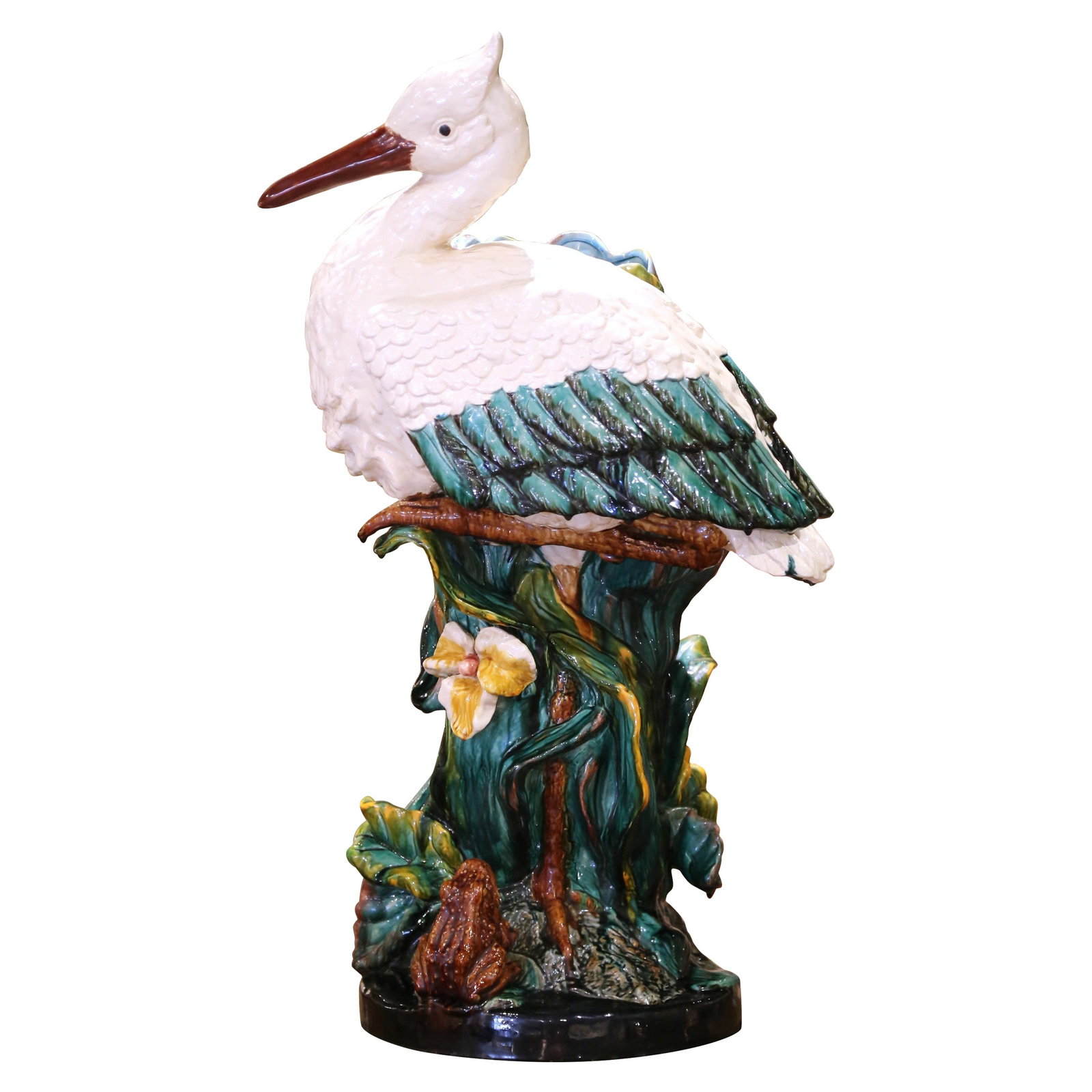19th Century French Majolica Umbrella Stand with Stork and Frog: 19th Century French Majolica Umbrella Stand with Stork and Frog Enhance your entryway with this exquisite late 19th-century French barbotine majolica umbrella stand, crafted circa 1890. This tall and 