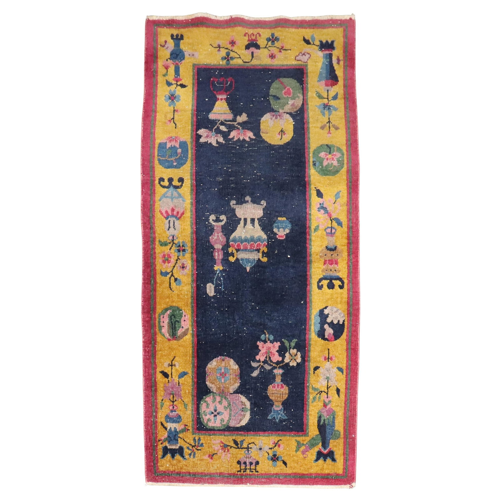 Vintage 1930s Chinese Art Deco Hand-Knotted Wool Rug: Vintage 1930s Chinese Art Deco Hand-Knotted Wool Rug Explore the unique charm of this worn Chinese Art Deco carpet from the Zabihi Collection. Hand-knotted from high-quality wool, this small rug showc