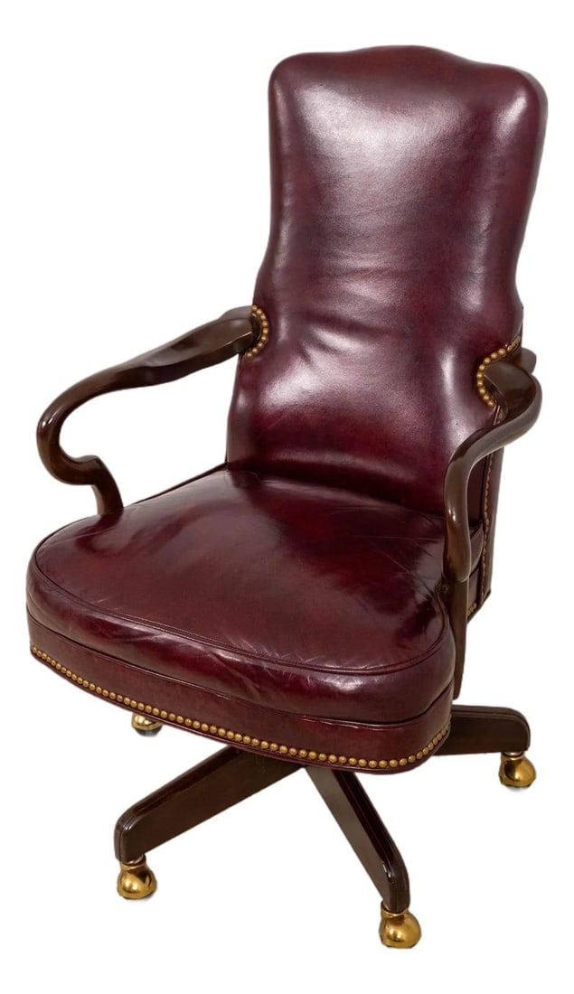 Burgundy Leather Traditional Executive Desk Chair With Gooseneck Arms: Burgundy Leather Traditional Executive Desk Chair With Gooseneck Arms This executive swivel desk chair features high-quality construction and burgundy tooled leather upholstery in a traditional style.