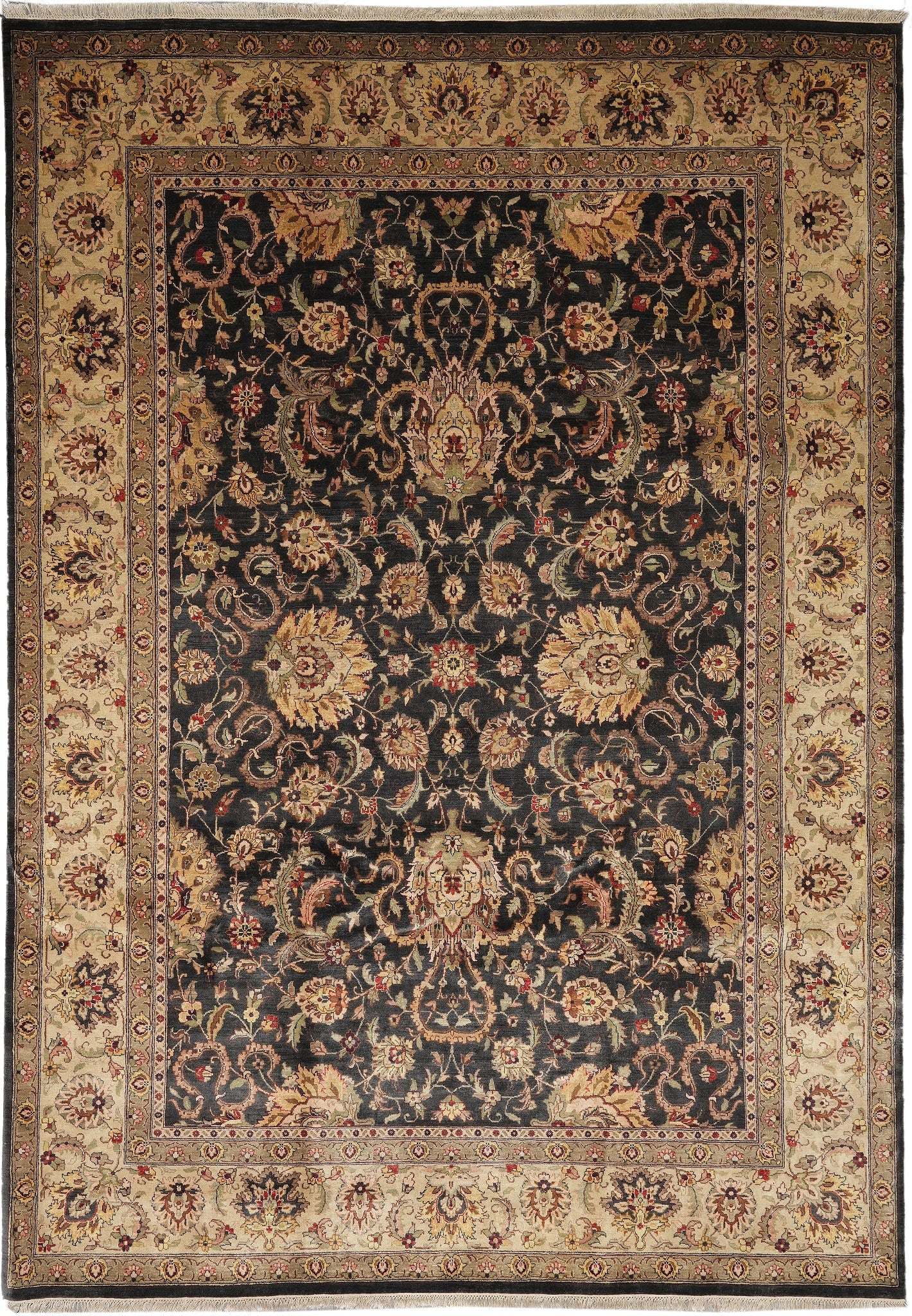 9 x 12 Jaipur Handmade Pakistani Wool Rug Black Gold: 9 x 12 Jaipur Handmade Pakistani Wool Rug Black Gold Free continental US Shipping This 9 x 12 handmade Pakistani rug is crafted in an authentic Jaipur style, featuring a striking black ground with int