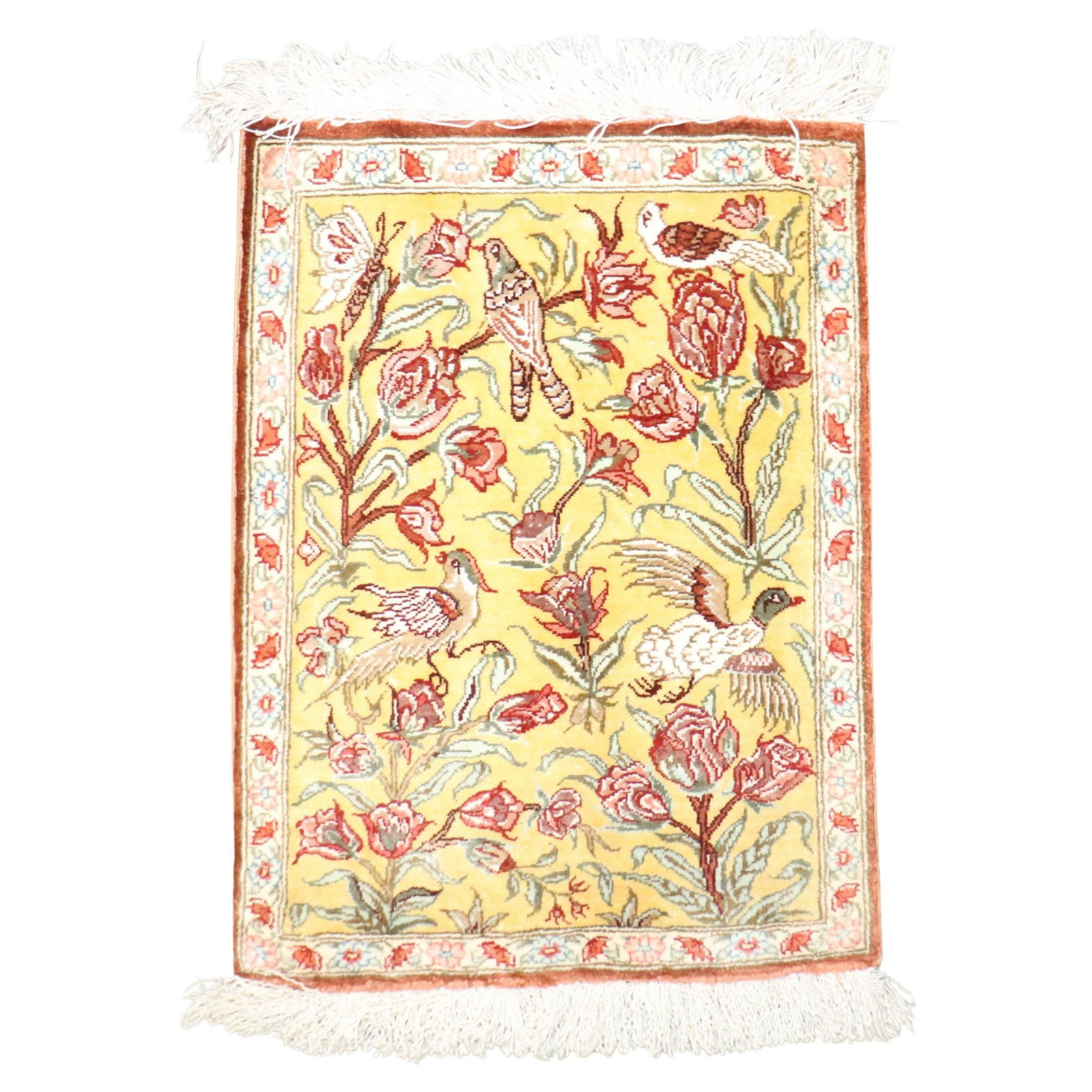 Silk Persian Qum Miniature Rug With Pigeon and Floral Motif 11 x 16 Inches (1 of 9)