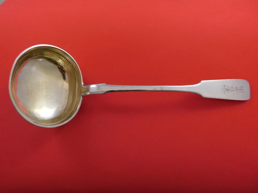 Russian .875 Silver Gold Washed Soup Ladle 1897 Monogram 13 3/8 Inch: Russian .875 Silver Gold Washed Soup Ladle 1897 Monogram 13 3/8 Inch This exquisite Russian soup ladle, crafted from .875 silver, features a stunning gold wash and is dated with a mark from 1897. Meas
