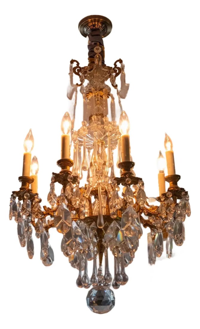 Late 19th Century French Bronze Chandelier with Crystal Teardrops: Late 19th Century French Bronze Chandelier with Crystal Teardrops Illuminate your space with this exquisite Vintage Teardrop Crystal French Bronze Chandelier from the late 19th century. This stunning 