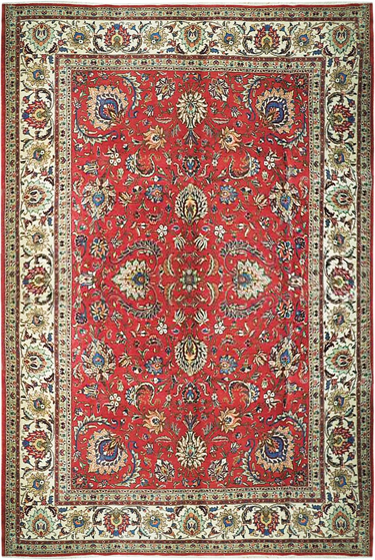 Handmade 11.2 x 14.3 Red Semi Antique Persian Tabriz Rug: Handmade 11.2 x 14.3 Red Semi Antique Persian Tabriz Rug Free continental US Shipping Transform your space with this exquisite 11' 2" x 14' 3" Red Semi Antique Persian Tabriz Rug, a stunning represent