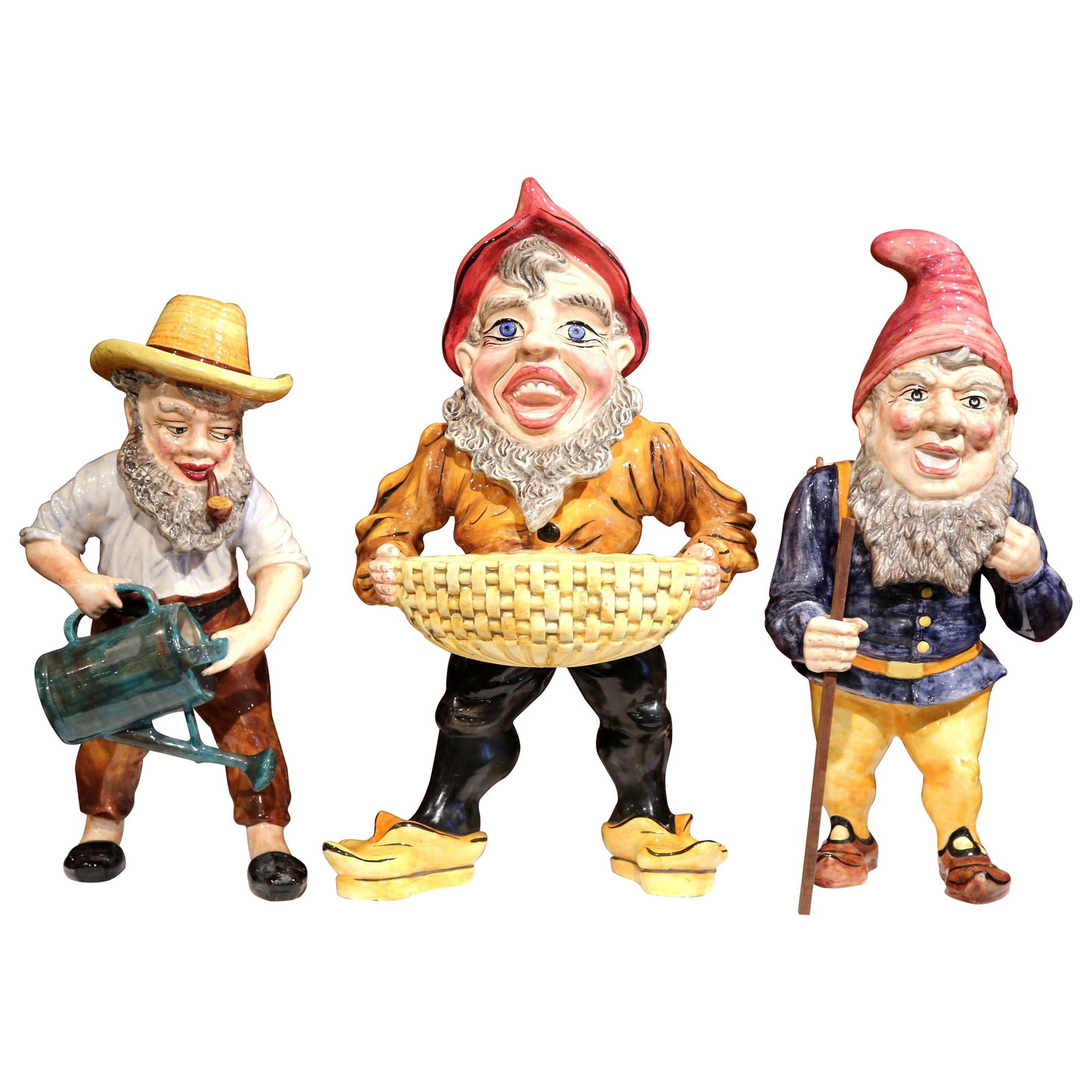 Set of 3 French Majolica Midcentury Gnome Figurines with Accessories: Set of 3 French Majolica Midcentury Gnome Figurines with Accessories This set of three mid-century French Majolica gnome sculptures, crafted circa 1960, brings a whimsical touch to any home or garden.