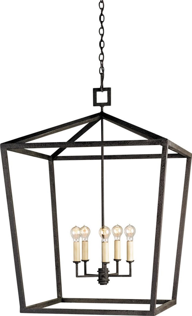 Currey Denison Grande Black Wrought Iron Lantern Chandelier: Currey Denison Grande Black Wrought Iron Lantern Chandelier Illuminate your space with the Modern Denison Grande Black Lantern Fixture, a striking addition to any room. Crafted from durable wrought ir