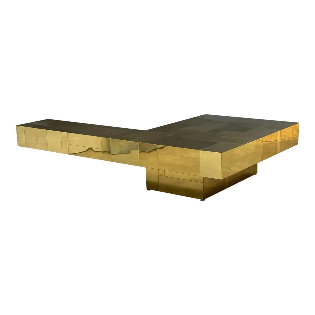 Rare 1970s Paul Evans Brass Cityscape L Shape Coffee Table: Rare 1970s Paul Evans Brass Cityscape L Shape Coffee Table This stunning 1970s Paul Evans Cityscape Brass L Shape Coffee Table features a unique post-modern design with a cantilever structure, expertl