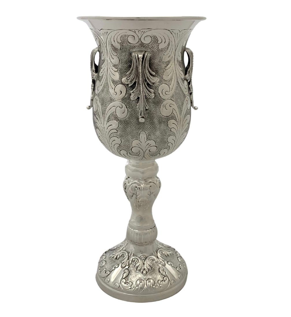 Large Handmade 925 Sterling Silver Eliyahu Cup with Leaf Applique: Large Handmade 925 Sterling Silver Eliyahu Cup with Leaf Applique This exquisite Eliyahu Cup is crafted from fine 925 sterling silver, showcasing a unique handmade design with leaf applique and chased