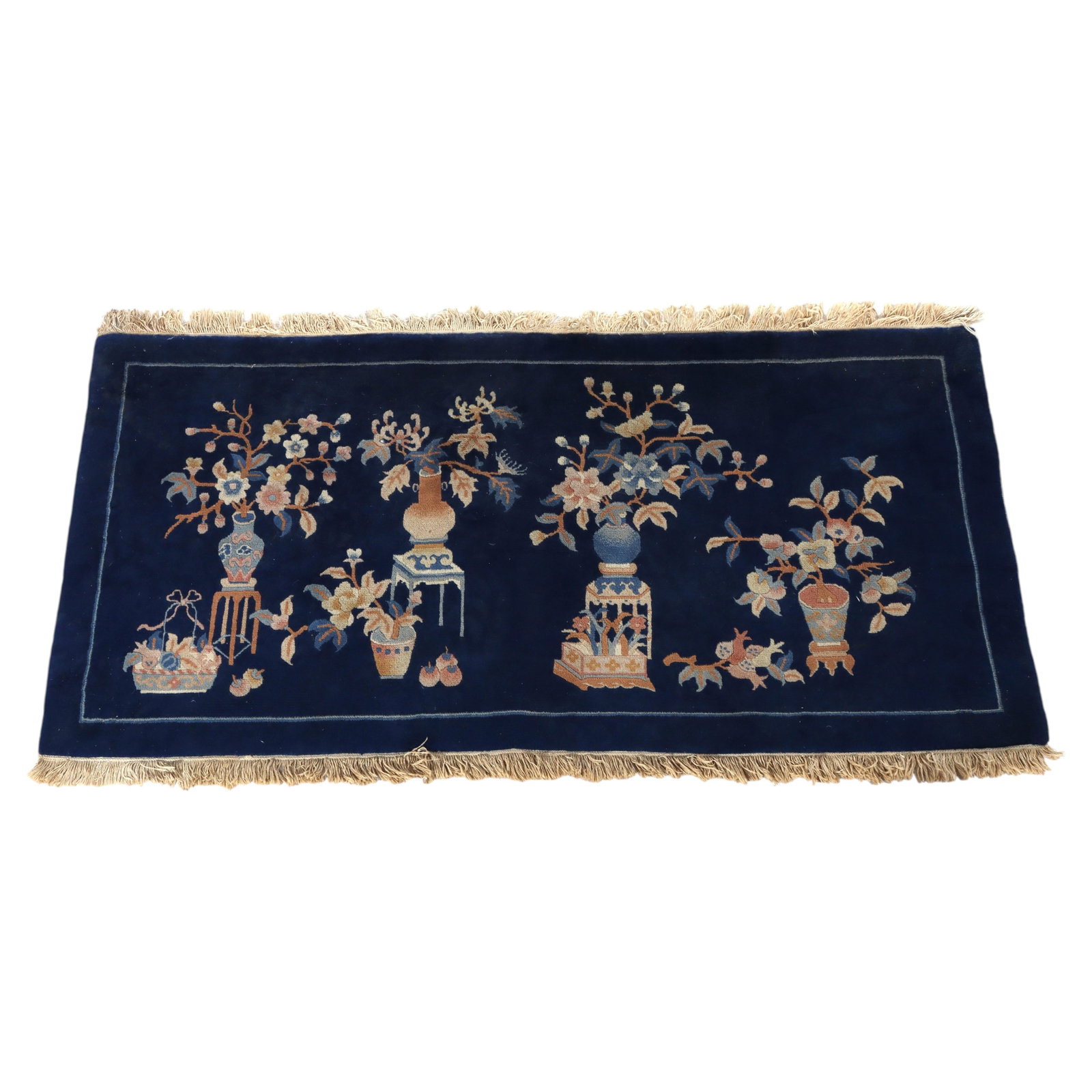 Early 20th Century Peking Wool Rug with Hundred Antiques Motif 54 x 30.5 Inches: Early 20th Century Peking Wool Rug with Hundred Antiques Motif 54 x 30.5 Inches This antique Chinese Peking throw rug from circa 1920 is hand-knotted in wool and features a deep navy blue background a