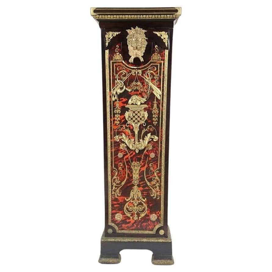 French Louis XIV Style Boulle Pedestal with Marquetry and Gilt Bronze Mounts: French Louis XIV Style Boulle Pedestal with Marquetry and Gilt Bronze Mounts This impressive late 19th century French pedestal is crafted in the Louis XIV style inspired by Andre-Charles Boulle. It fe