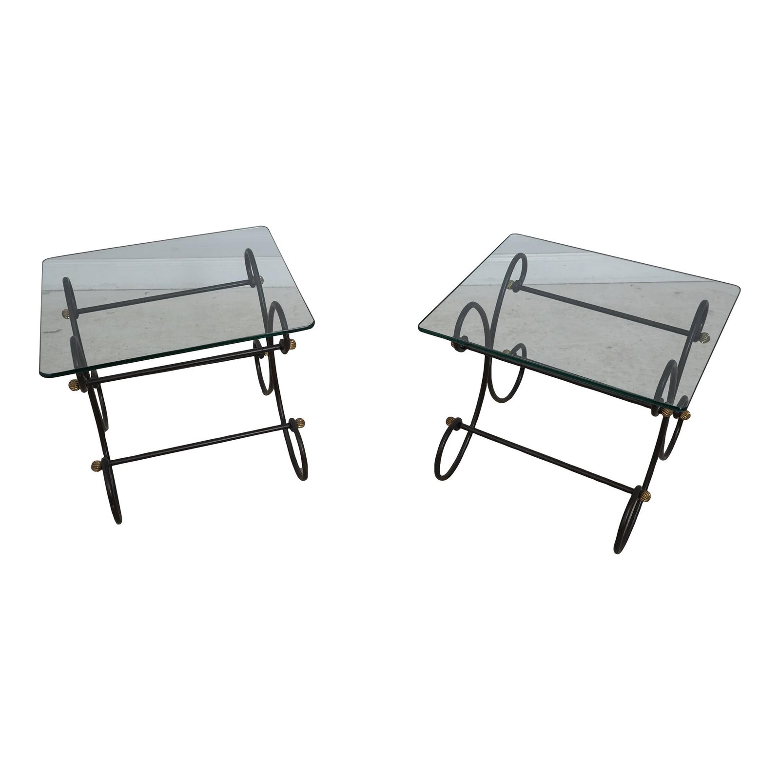 Stylish Pair of Iron Base Glass Top End Tables with Brass Finials: Stylish Pair of Iron Base Glass Top End Tables with Brass Finials This pair of end tables features a robust iron base with a stylish glass top, combining quality construction with elegant design. The 
