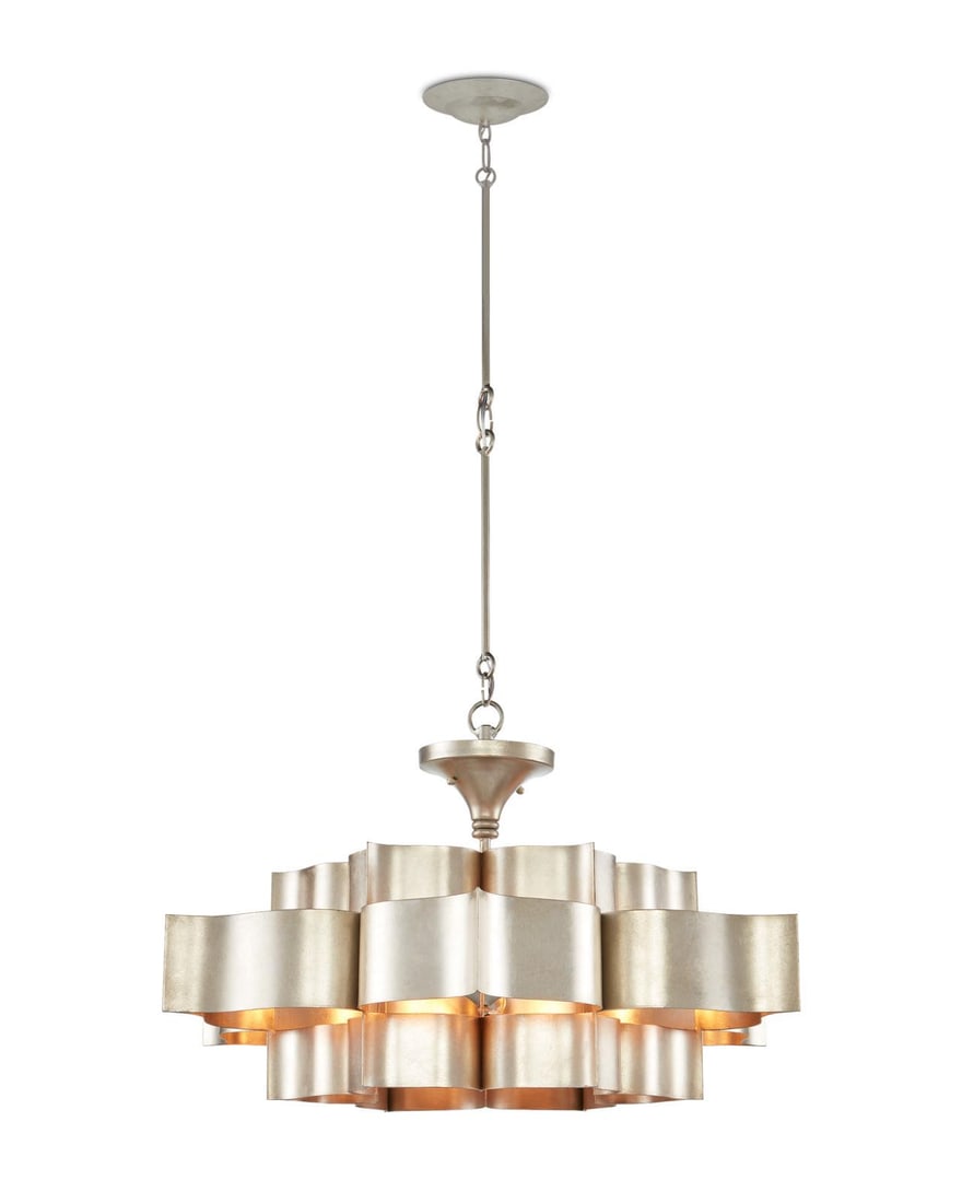 Currey Grand Lotus Chandelier Contemporary Silver Leaf 6 Bulb Art Nouveau: Currey Grand Lotus Chandelier Contemporary Silver Leaf 6 Bulb Art Nouveau Illuminate your space with the stunning Elegant Silver Leaf Grand Lotus Chandelier, a perfect blend of contemporary design and