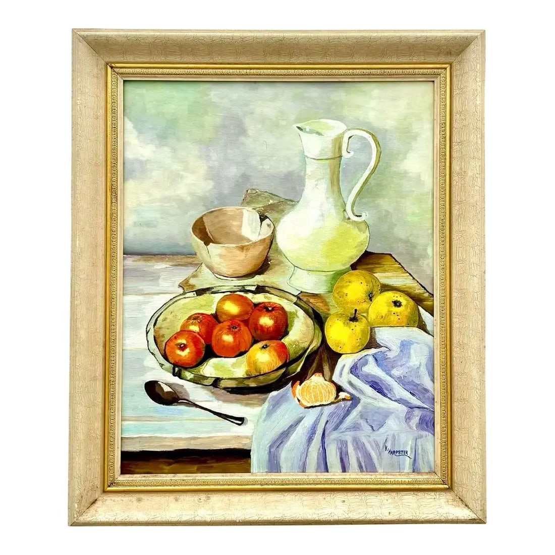 Framed Still Life Oil Painting with Fruit and Ceramics Signed: Framed Still Life Oil Painting with Fruit and Ceramics Signed This vintage boho still life painting showcases a serene arrangement of fruit, ceramics, and fabric, skillfully capturing the quiet beauty