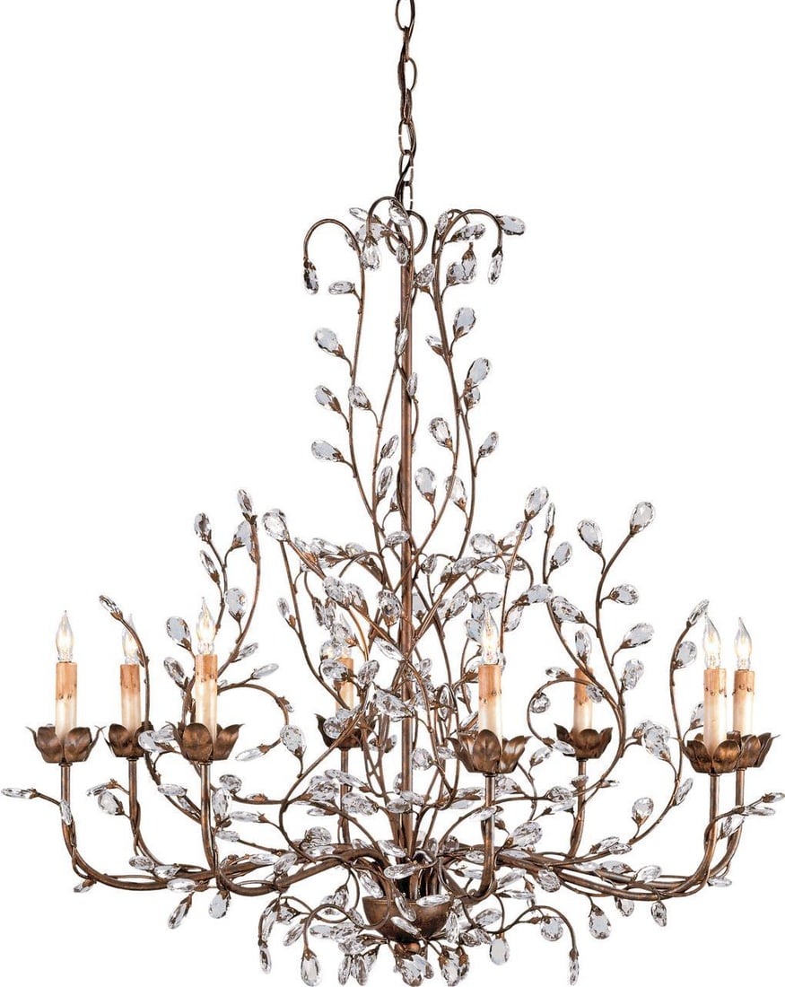 Currey Nature-Inspired Gold Crystal Chandelier 8 Bulbs Adjustable Height: Currey Nature-Inspired Gold Crystal Chandelier 8 Bulbs Adjustable Height Illuminate your space with this elegant nature-inspired chandelier, featuring a beautiful blend of crystal and wrought iron mat