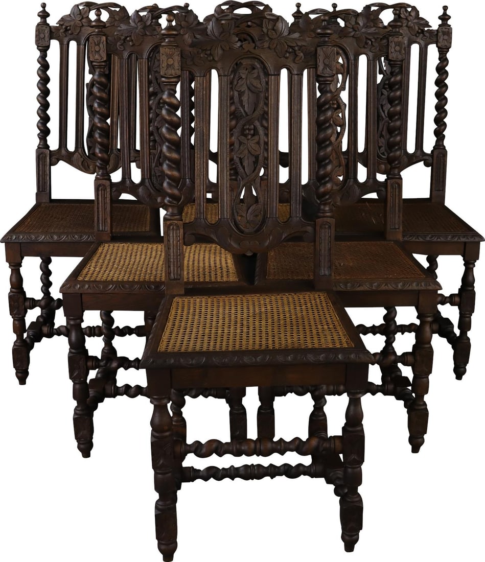 Antique 1880 Rustic Oak Dining Chairs Set from France: Antique 1880 Rustic Oak Dining Chairs Set from France These Rustic Oak Dining Chairs, originating from France in 1880, showcase a unique blend of history and craftsmanship. Designed in a hunting style