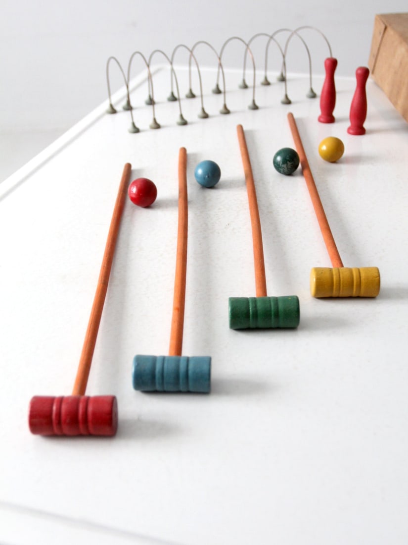 1930s J Pressman Croquet Set Vintage Americana in Original Box: 1930s J Pressman Croquet Set Vintage Americana in Original Box Discover a charming piece of vintage Americana with this 1930s J. Pressman & Co. Parlor and Lawn Croquet Set, originally sold through Sea