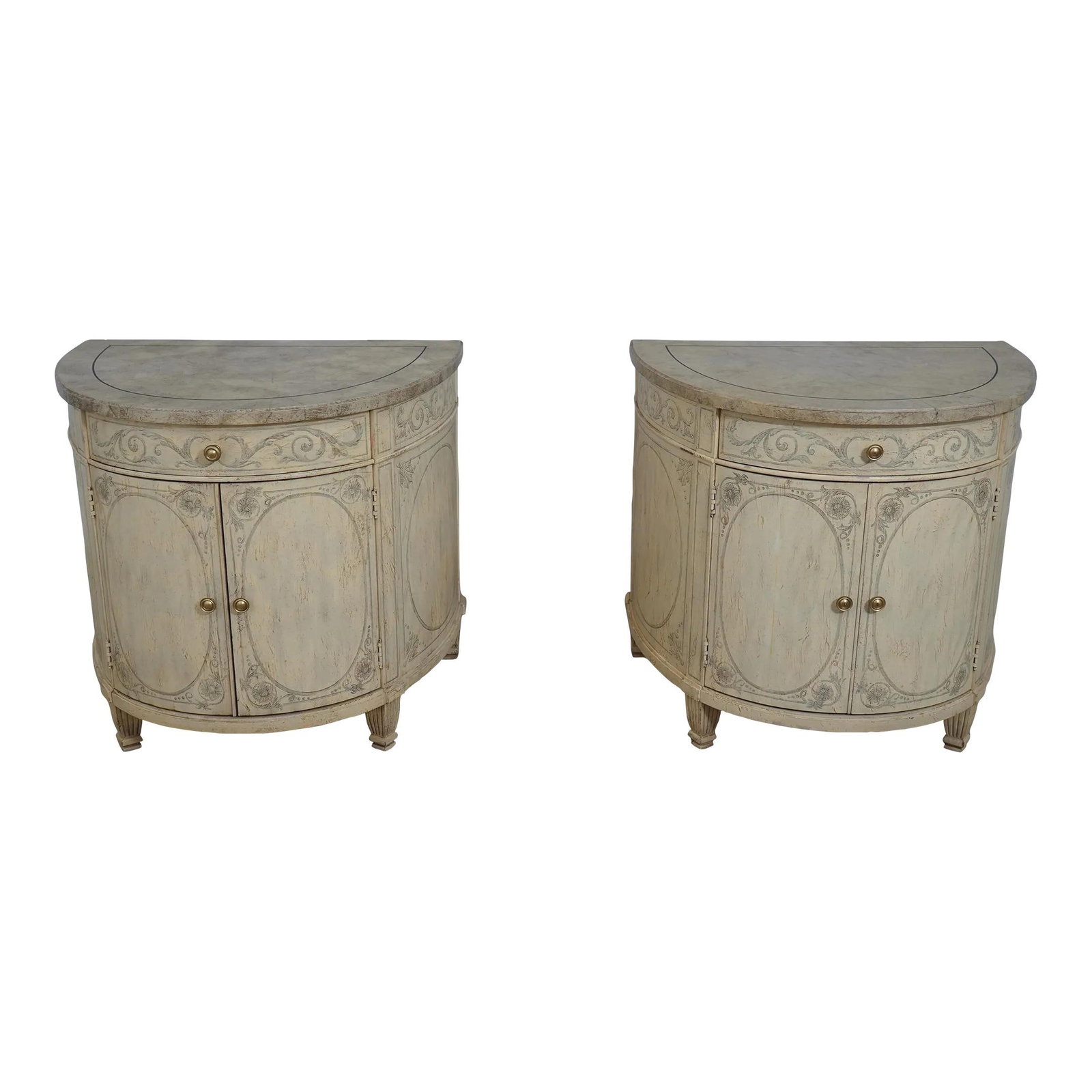 Elegant Pair of Drexel Venetian Nightstands with Faux Marble Finish: Elegant Pair of Drexel Venetian Nightstands with Faux Marble Finish This exquisite pair of Drexel Venetian commode nightstands showcases a stunning paint-decorated finish that highlights their Italian