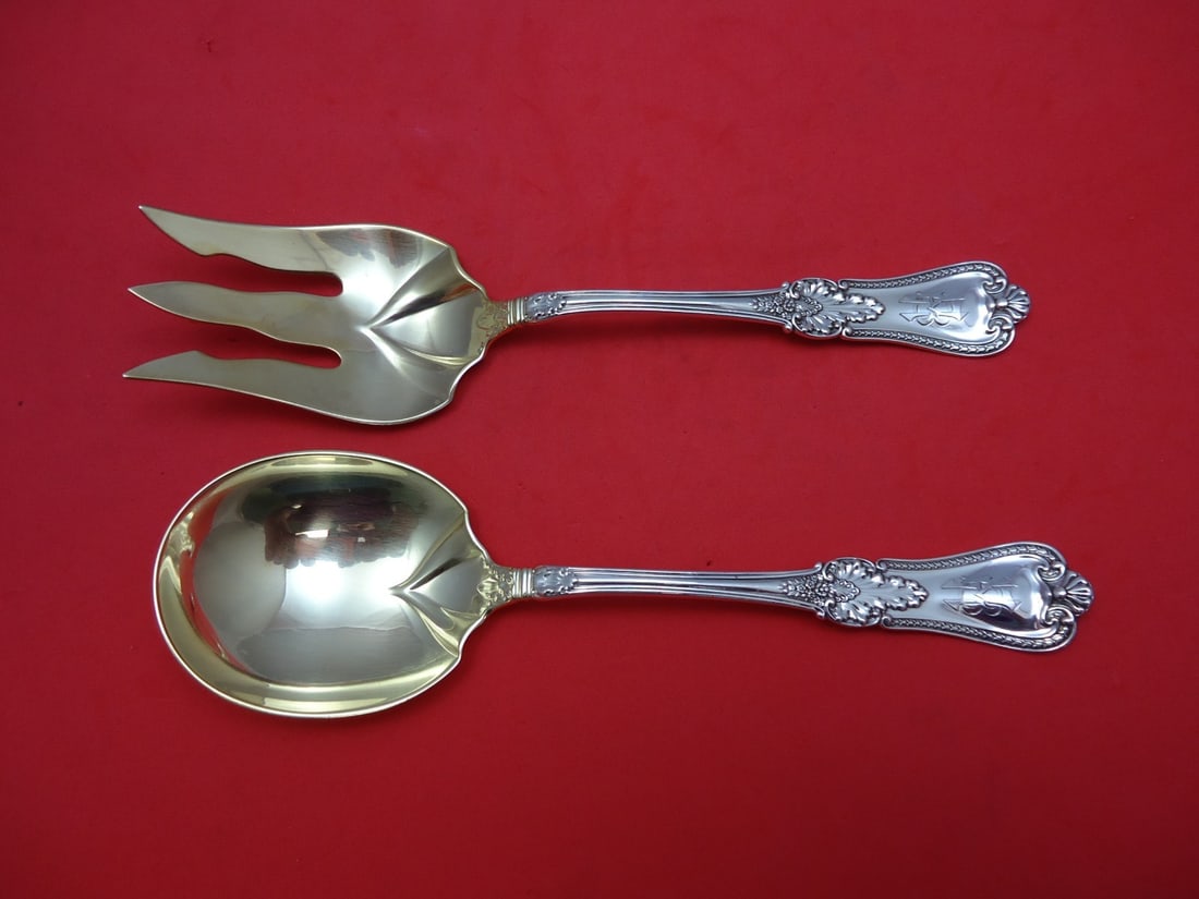 Gorham Kensington Sterling Silver Gold Washed Salad Serving Set 2pc 8.5": Gorham Kensington Sterling Silver Gold Washed Salad Serving Set 2pc 8.5" Elevate your dining experience with this exquisite Kensington by Gorham Sterling Silver Salad Serving Set. This two-piece set f