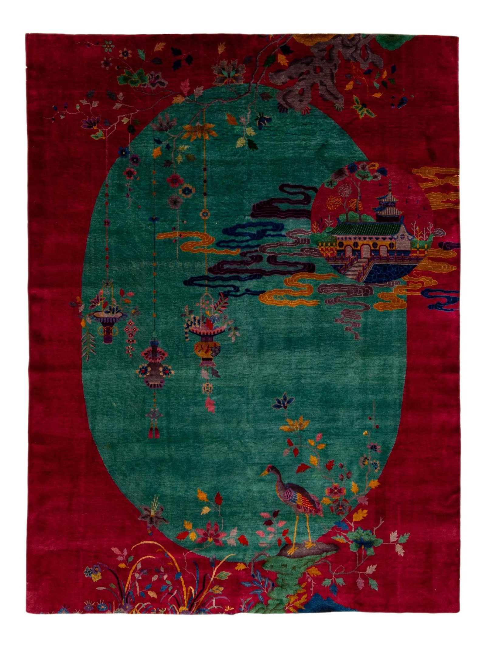 Antique Art Deco Handmade Chinese Wool Rug Green Red Floral 8'10 x 11'6: Antique Art Deco Handmade Chinese Wool Rug Green Red Floral 8'10 x 11'6 This exquisite antique Art Deco Chinese rug features a vibrant green field framed by a wide red border, showcasing a stunning al