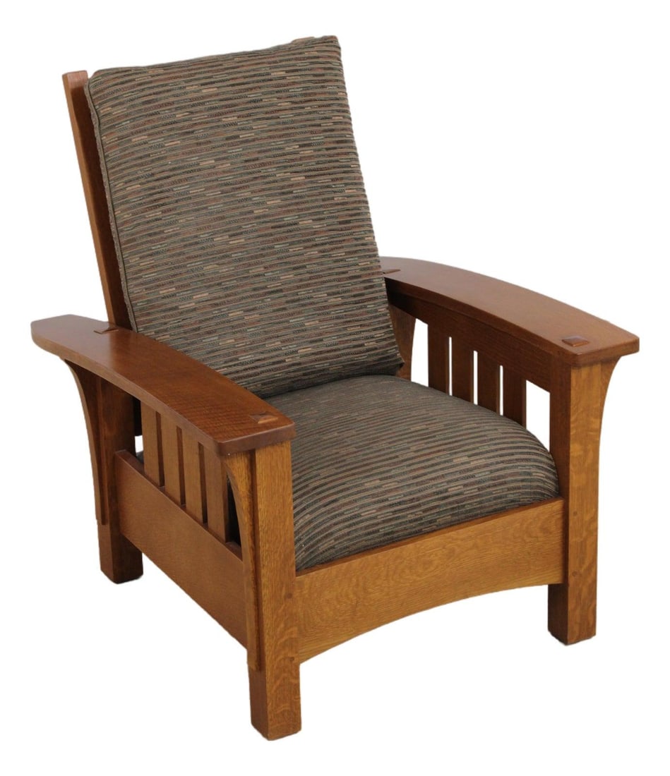 Mission Oak Reclining Morris Chair with Bow Arms Arts and Crafts Style: Mission Oak Reclining Morris Chair with Bow Arms Arts and Crafts Style This Stickley Bow Arm Morris Chair features an adjustable reclining back and showcases high-quality construction in the Arts & Cr