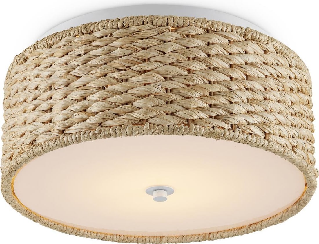 Currey Clermont Coastal Raffia Flush Mount Ceiling Light: Currey Clermont Coastal Raffia Flush Mount Ceiling Light Illuminate your space with the Elegant Clermont Raffia Ceiling Light Fixture, featuring a charming coastal style. This flush mount light combin