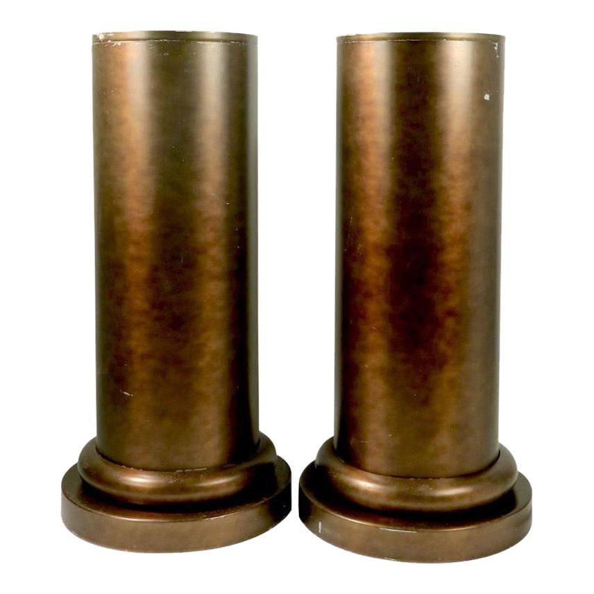 Art Deco Revival Half Column Planters in Bronze Aluminum Pair: Art Deco Revival Half Column Planters in Bronze Aluminum Pair This elegant pair of half column planters reflects the Art Deco Revival style, crafted from bronze tone anodized aluminum. Each column con