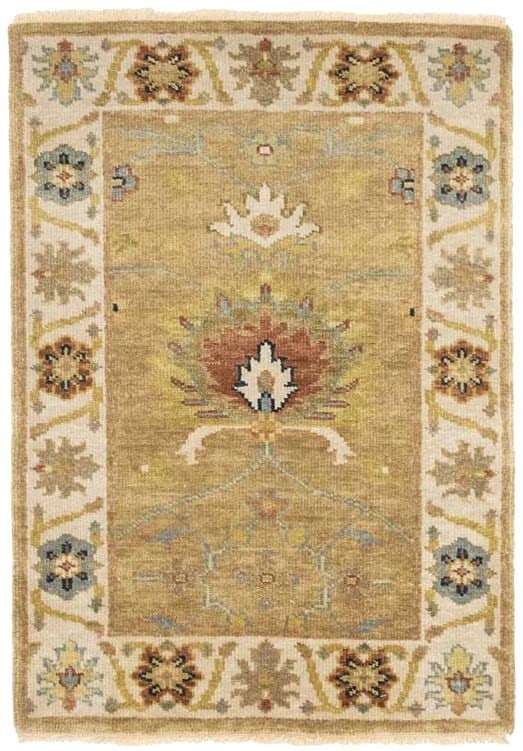 Hand-Knotted Oushak Chobi Wool Rug 2x3 Golden Tan Floral Design: Hand-Knotted Oushak Chobi Wool Rug 2x3 Golden Tan Floral Design This is a hand-knotted Oushak Chobi Peshawar area rug featuring a golden tan floral pattern with accents of ivory, rust, and dusty blue.