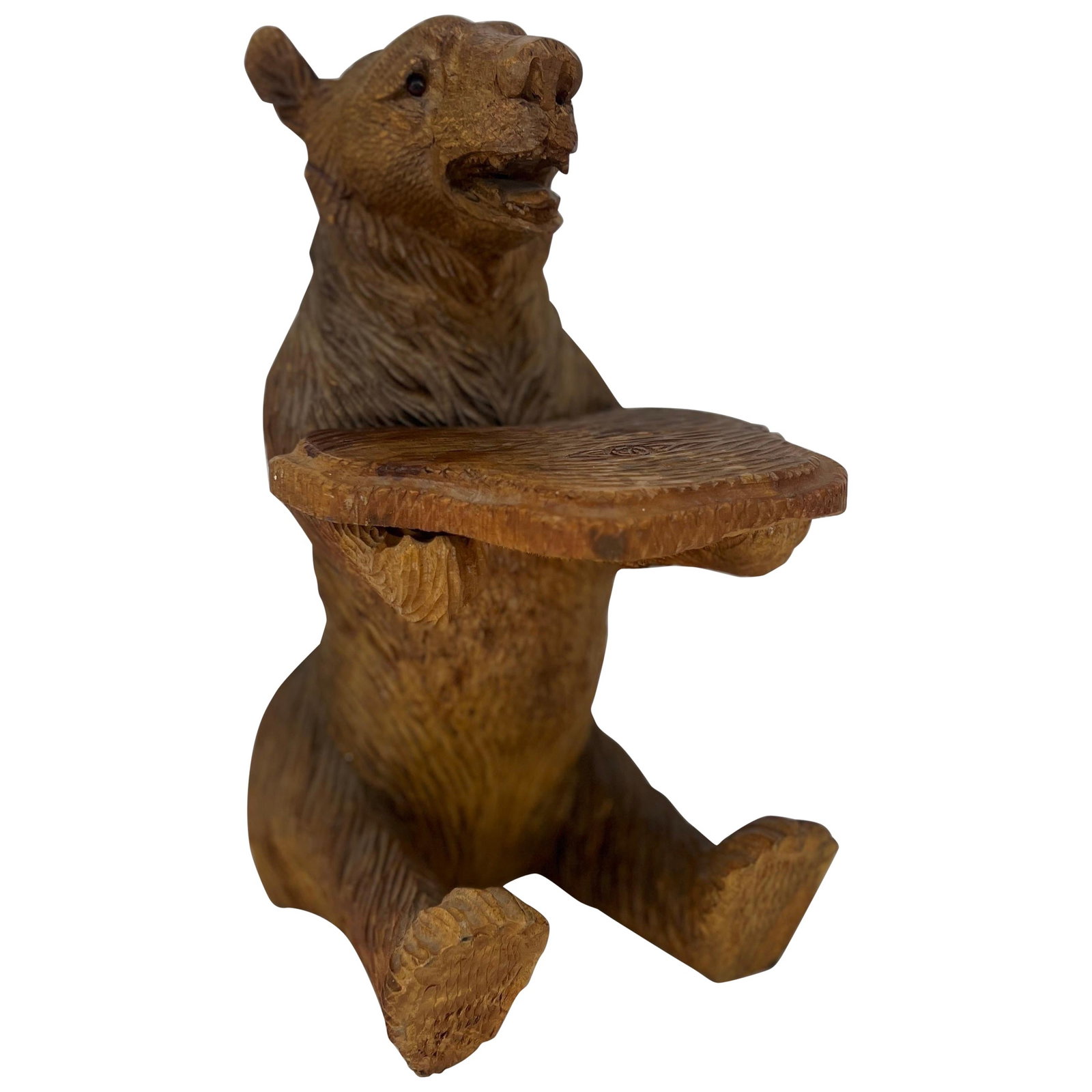 Antique Black Forest Bear Butler Display Table Top Germany 20th Century: Antique Black Forest Bear Butler Display Table Top Germany 20th Century This exquisite Antique Black Forest Carved Bear Form Table Top "Butler" Display is a captivating blend of artistry and functiona