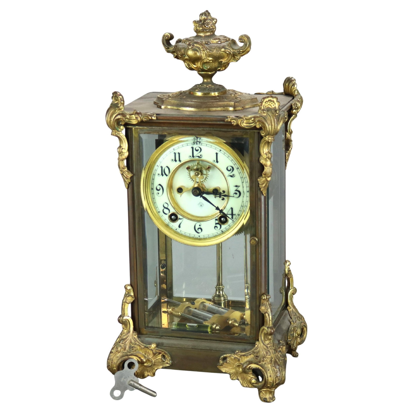 Antique Ansonia Clock Brass Bronze Crystal C1890 15in Tall: Antique Ansonia Clock Brass Bronze Crystal C1890 15in Tall This exquisite Antique Ansonia Clock, crafted circa 1890, showcases a stunning blend of brass, bronze, and crystal. Standing at 15 inches tal