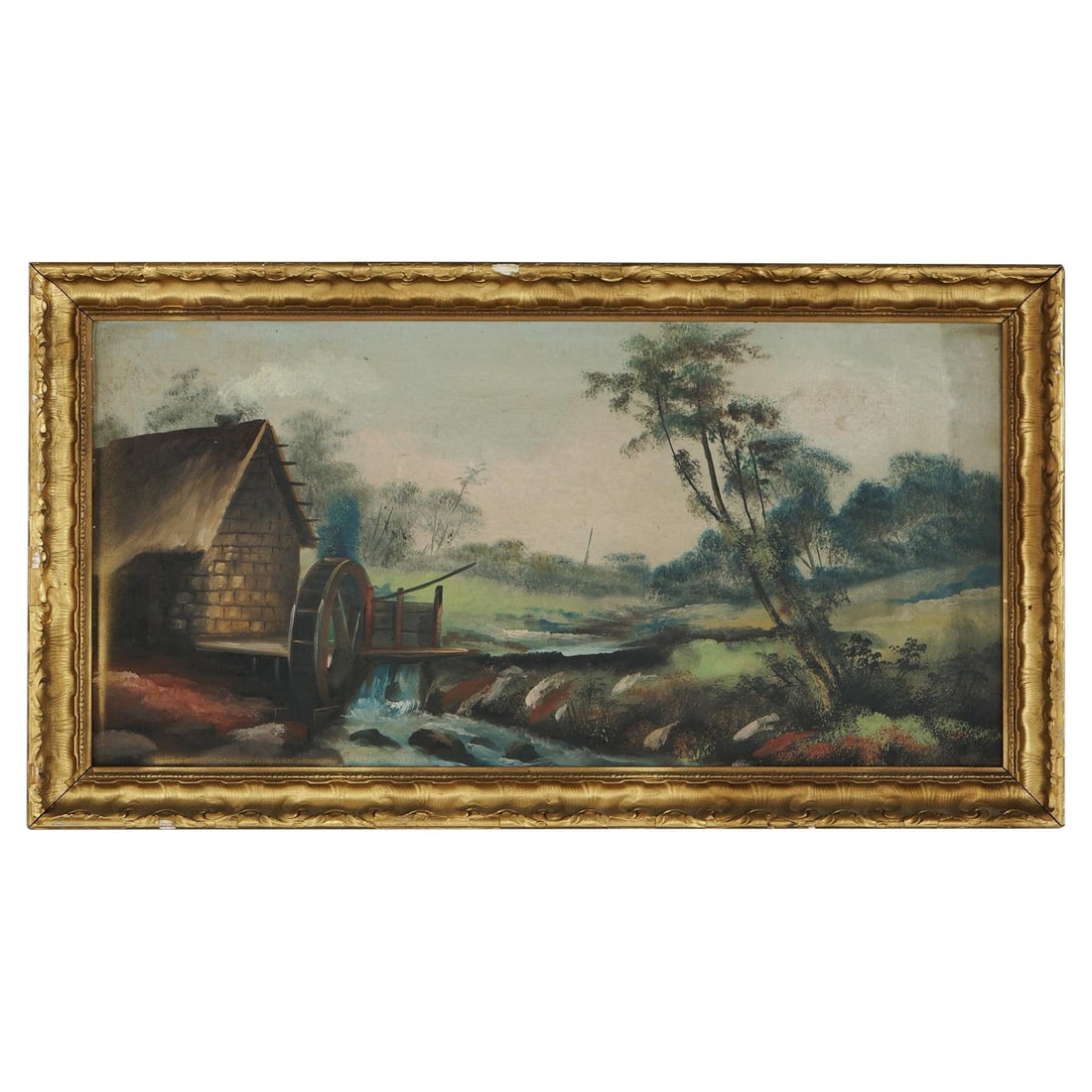 Antique Framed Oil Painting Landscape with Mill C1900: Antique Framed Oil Painting Landscape with Mill C1900 This exquisite antique oil on board painting features a serene landscape depicting a mill with a water wheel, beautifully framed. Crafted around 1