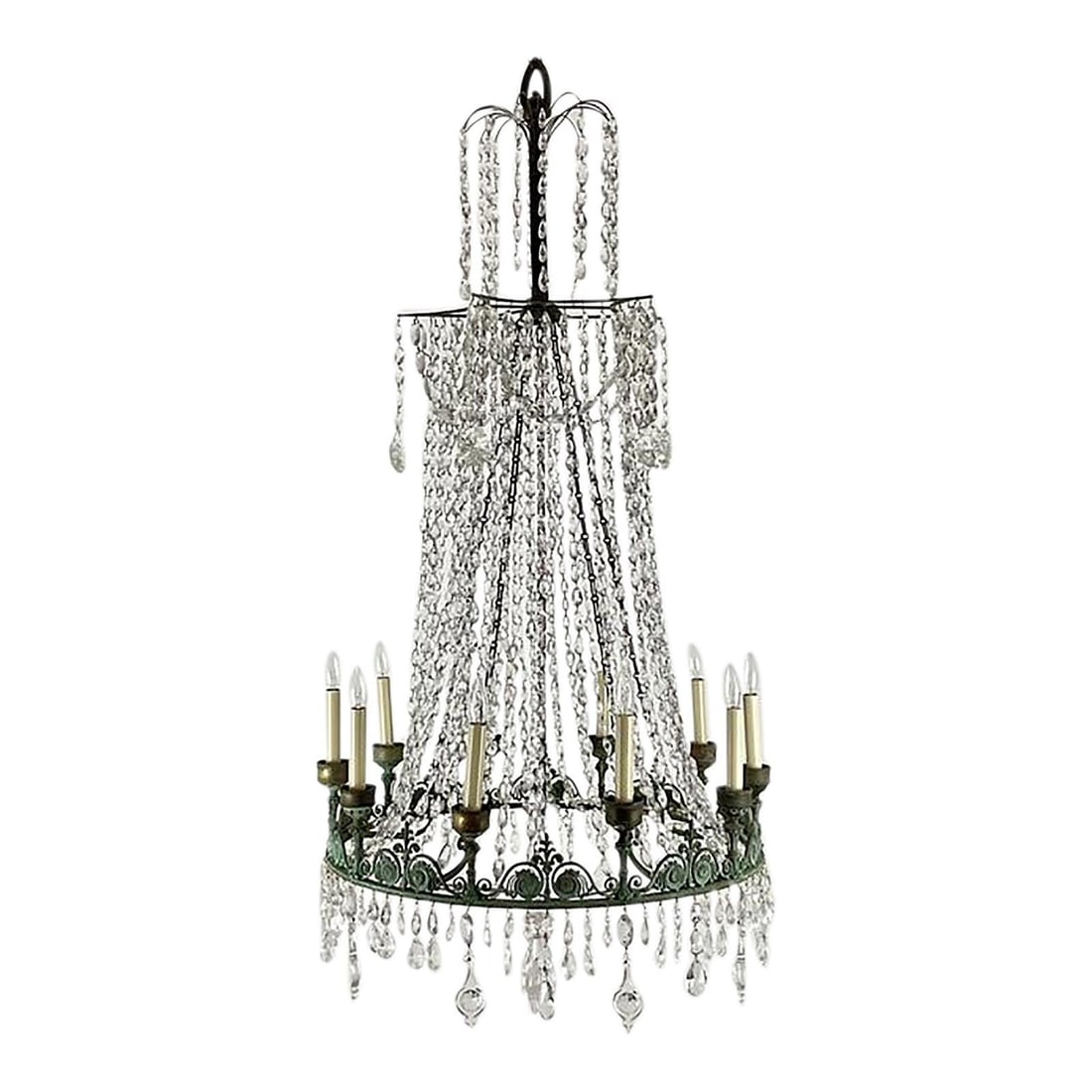 Empire Style Bronze and Crystal Verdigris Chandelier with Rope Detailing: Empire Style Bronze and Crystal Verdigris Chandelier with Rope Detailing This vintage Regency chandelier showcases a striking Empire-style design, featuring a bronze frame with a verdigris patina and 