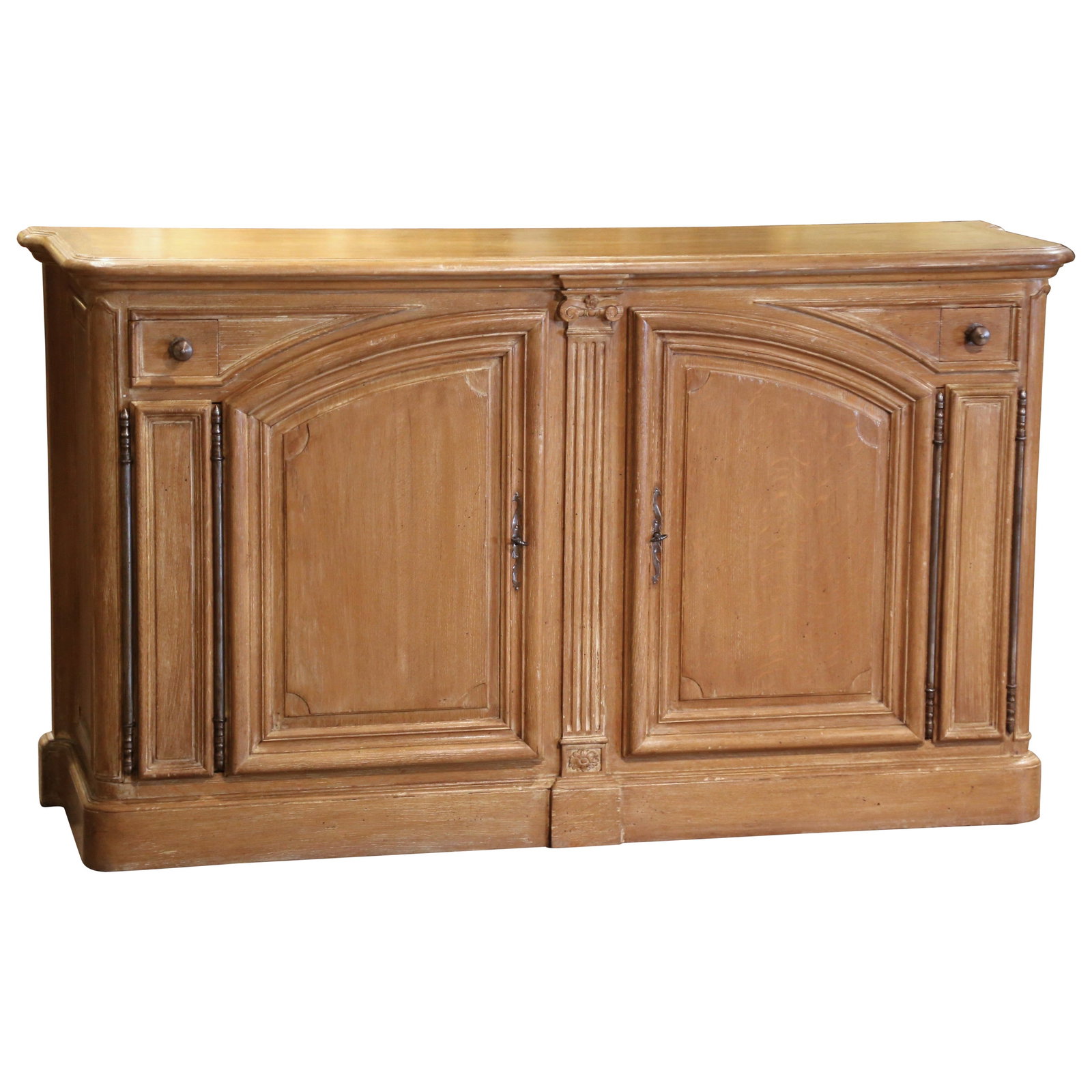 French Oak Louis XIV Style Mid-Century Buffet de Chasse with Drawers: French Oak Louis XIV Style Mid-Century Buffet de Chasse with Drawers This mid-century French "Buffet de Chasse" is crafted in the Louis XIV style and dates to circa 1950. Made from solid oak with a ho