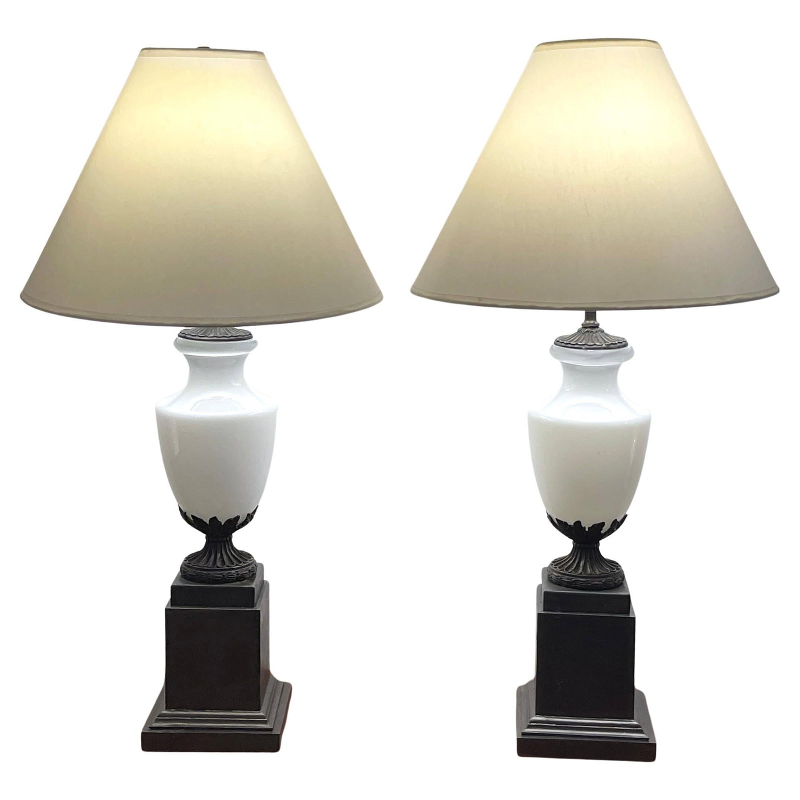 Set of 2 French Neoclassical Bronze Opaline Glass Lamps: Set of 2 French Neoclassical Bronze Opaline Glass Lamps This exquisite pair of French Neoclassical lamps are crafted from bronze and opaline glass, each showcasing a classic urn form adorned with cast