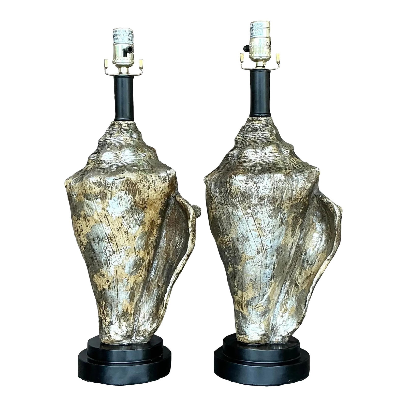 Coastal Metallic Conch Shell Lamps Pair Silver Decorative Accent: Coastal Metallic Conch Shell Lamps Pair Silver Decorative Accent Enhance your coastal decor with this stunning pair of Vintage Coastal Metallic Conch Shell Lamps. These eye-catching lamps are designed