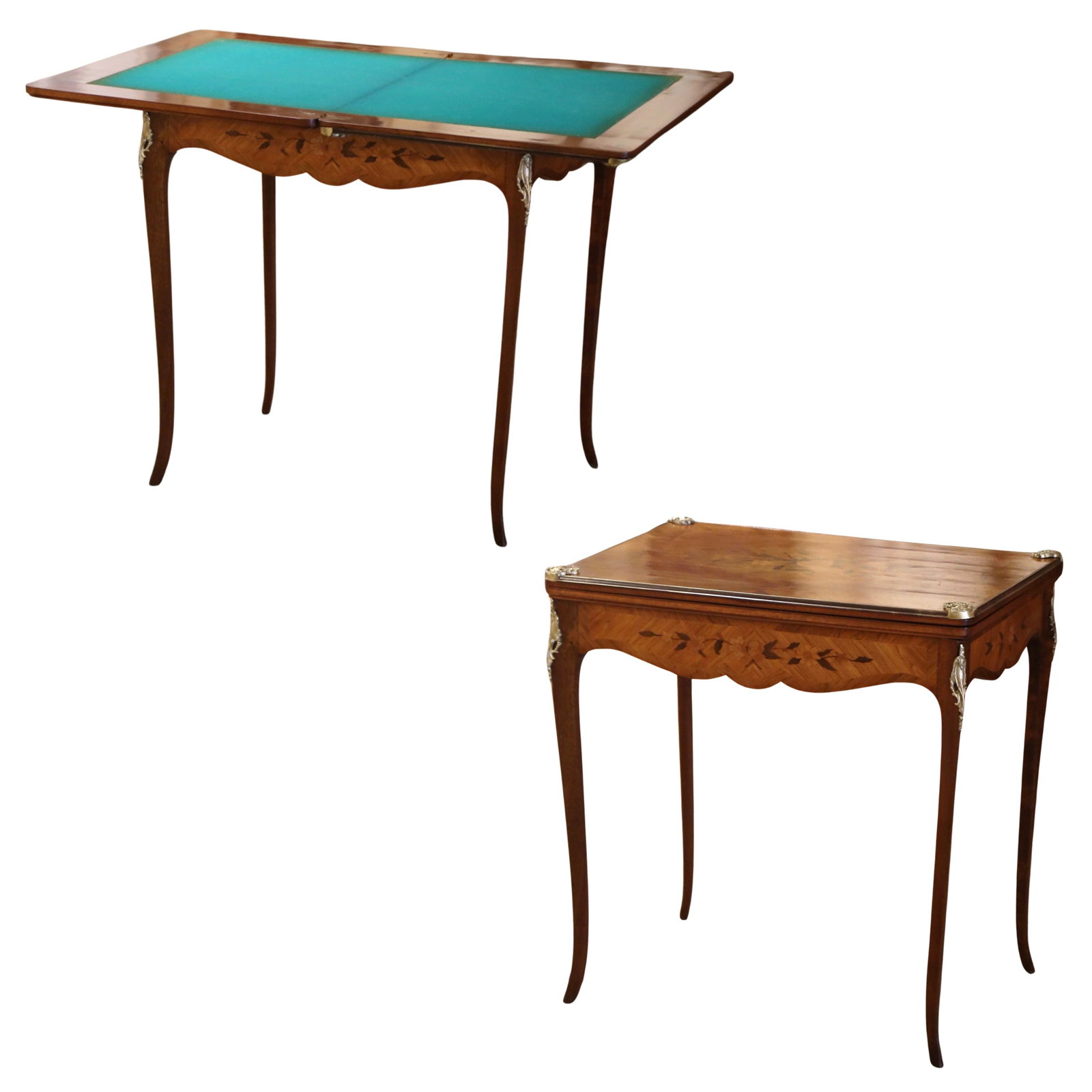 French Louis XV Style Walnut and Bronze Marquetry Folding Game Table with Felt Top: French Louis XV Style Walnut and Bronze Marquetry Folding Game Table with Felt Top This 19th-century French Louis XV folding game table is crafted from walnut and features intricate marquetry and inla
