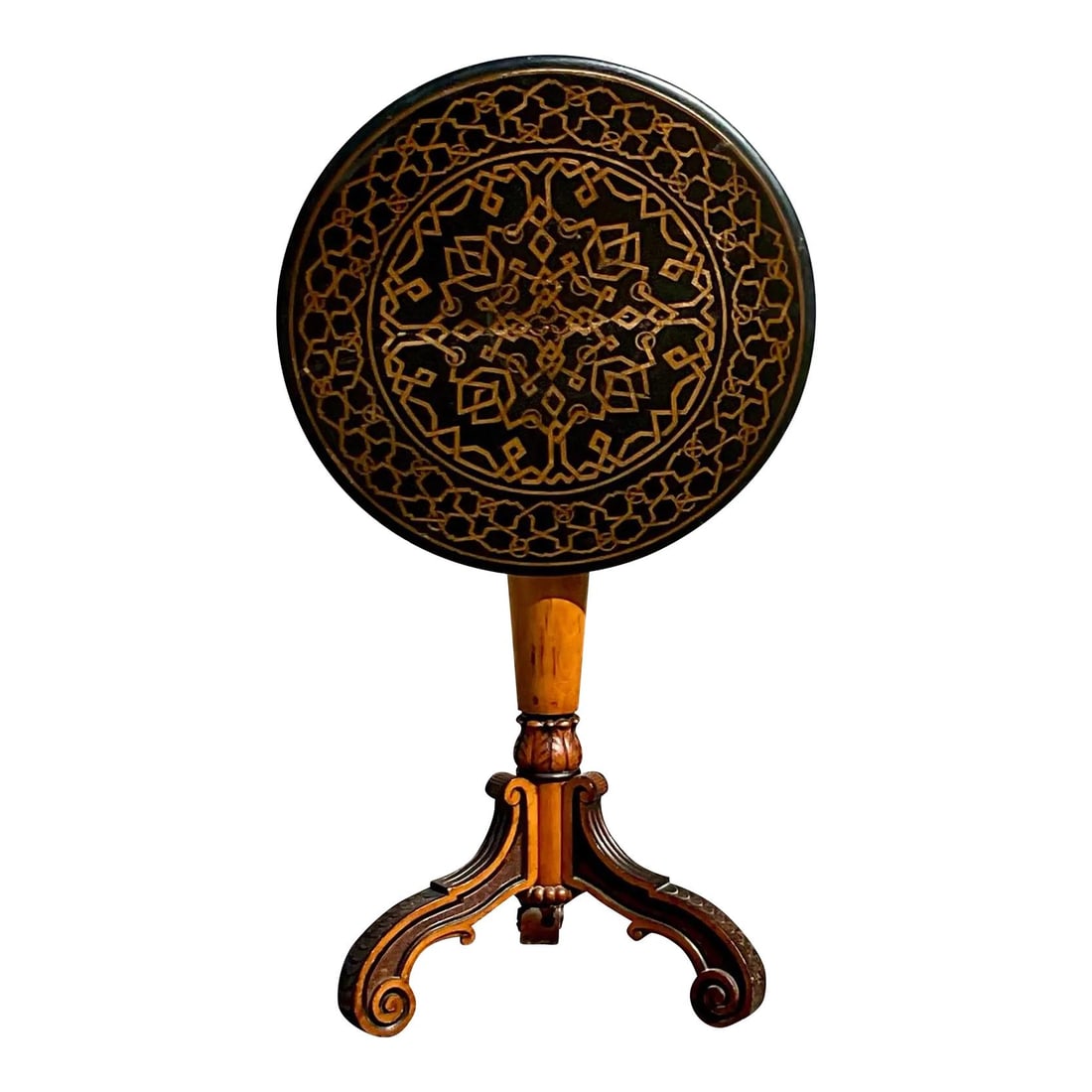 Antique 1888 Marquetry Drop Side Table by AMF: Antique 1888 Marquetry Drop Side Table by AMF This exquisite late 19th century marquetry drop side table showcases intricate inlay work on the tabletop, complemented by detailed carvings on the pedest