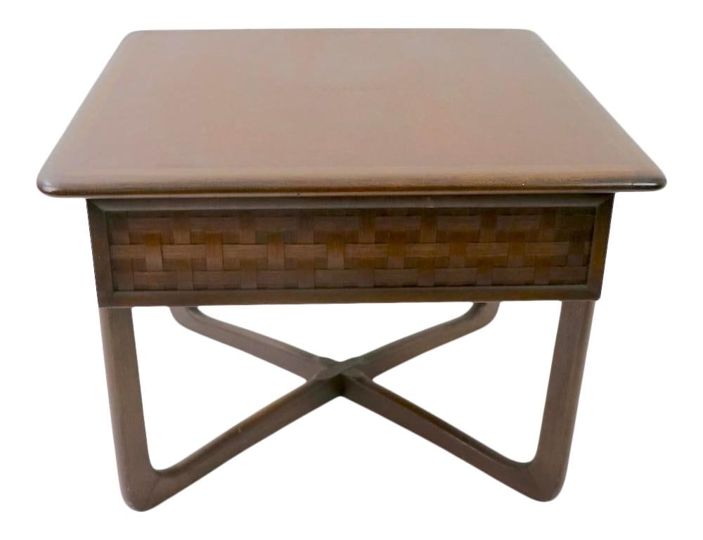 Lane Perception Mid Century Side Table with Basketweave Drawer: Lane Perception Mid Century Side Table with Basketweave Drawer This Mid Century Side Table, known as the Perception model by Lane, exudes classic American Mid Century Modern style with a hint of Danis