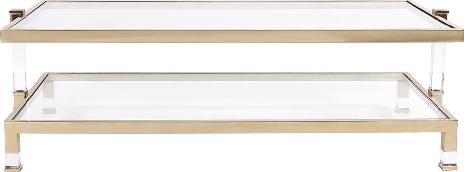 Howard Elliott Goldwyn Coffee Table Gold Polished Acrylic Glass: Howard Elliott Goldwyn Coffee Table Gold Polished Acrylic Glass Introducing the Goldwyn Coffee Table, a stunning blend of modern design and luxurious materials. This exquisite piece features a gold po