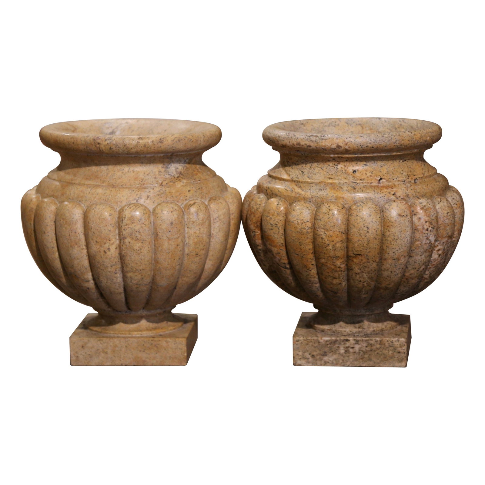 Set of 2 Italian Neoclassical Marble Garden Urns with Fluted Design: Set of 2 Italian Neoclassical Marble Garden Urns with Fluted Design This pair of mid-century Italian garden urns features hand-carved marble and granite in a neoclassical design. Each planter displays