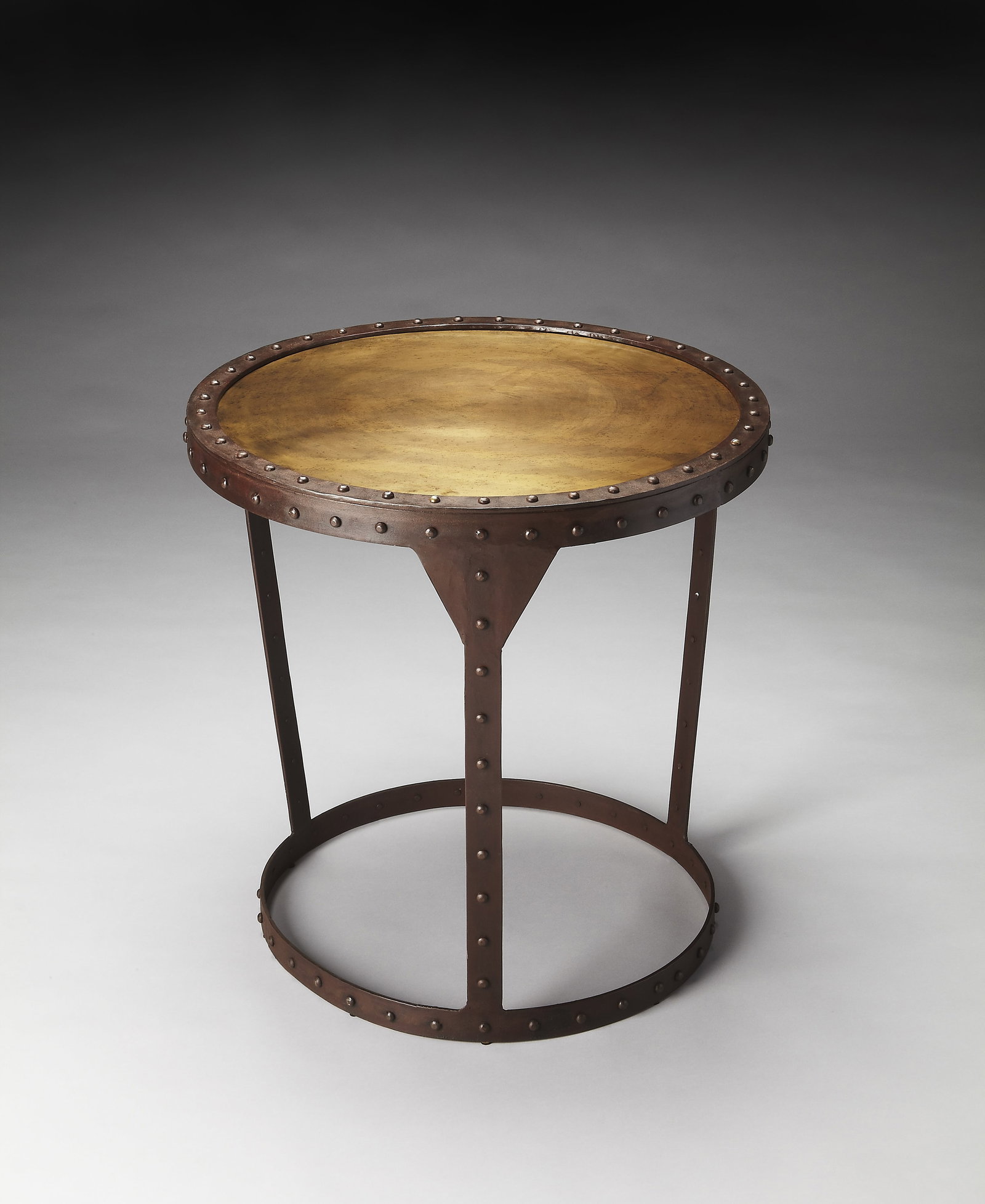 Chic Bonham Round Iron Side Table with Gold Accents by Butler: Chic Bonham Round Iron Side Table with Gold Accents by Butler Introducing the Chic Bonham Iron Side Table, a perfect blend of industrial style and vintage charm. This round side table features a sturd