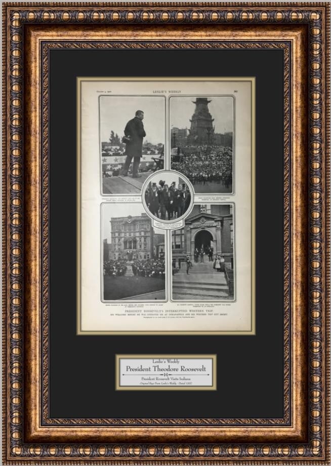 Theodore Roosevelt 1902 Indiana Visit Leslie's Weekly Custom Framed Page: Theodore Roosevelt 1902 Indiana Visit Leslie's Weekly Custom Framed Page This original page from Leslie's Weekly features President Theodore Roosevelt during his visit to Indiana in 1902. The page hig