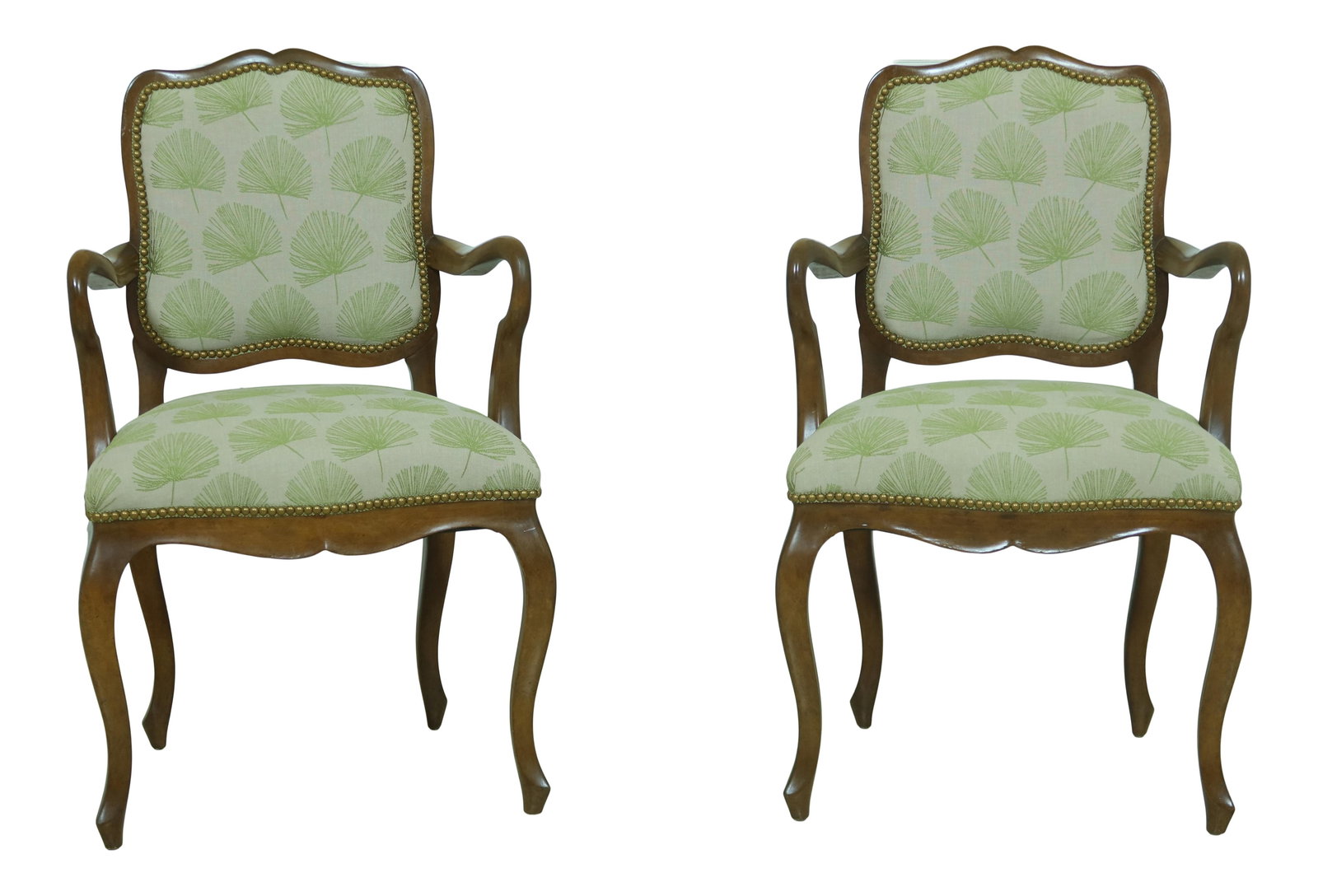 Italian Design Open Arm Chairs Walnut Finish Green Fern Upholstery: Italian Design Open Arm Chairs Walnut Finish Green Fern Upholstery Elevate your living space with these Italian Style Upholstered Open Arm Occasional Chairs. Crafted approximately 40 years ago, these 