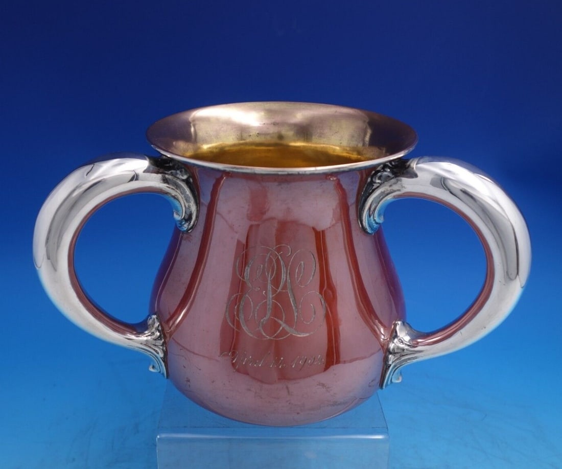 Gorham Copper Silver Monogrammed Loving Cup 6" x 8" 26.3oz: Gorham Copper Silver Monogrammed Loving Cup 6" x 8" 26.3oz This stunning Gorham loving cup features a unique design with three handles, crafted from a combination of copper and silver. With a height o