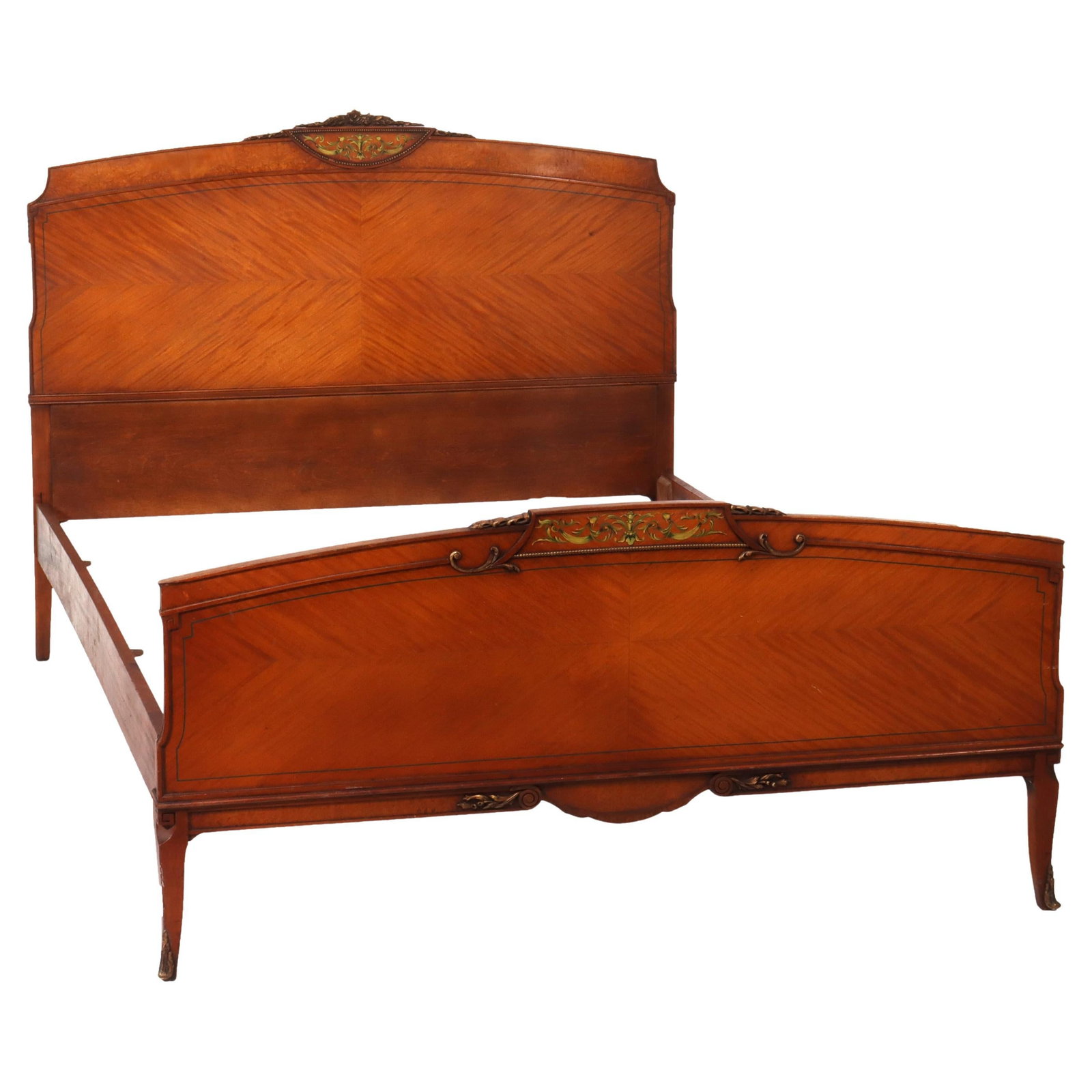 Antique Neoclassical Satinwood Double Bed with Hand Painted Swags c1930: Antique Neoclassical Satinwood Double Bed with Hand Painted Swags c1930 This exquisite antique neoclassical double bed, crafted from satinwood and dating back to circa 1930, is a splendid addition to 