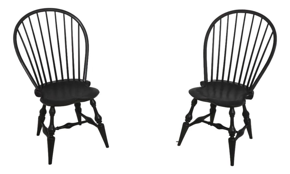 Set of Two Black Windsor Bow Back Side Chairs by Dr Dimes: Set of Two Black Windsor Bow Back Side Chairs by Dr Dimes This pair of Dr Dimes Windsor side chairs features a classic bow back design and shapely saddle seats. Bench made with high-quality constructi