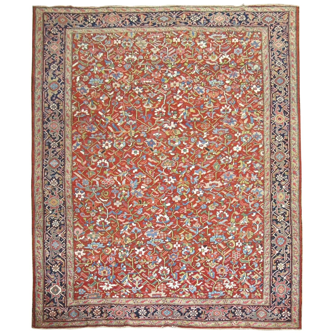 Antique Persian Heriz Rug Red 20th Century Hand-Woven 9'8 x 12': Antique Persian Heriz Rug Red 20th Century Hand-Woven 9'8 x 12' This exquisite antique Persian Heriz rug from the Zabihi Collection is a stunning addition to any room. Hand-woven from high-quality woo